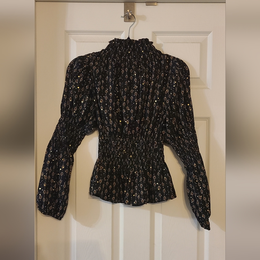 Molly Bracken Black and Silver Sequin Peplum Blouse